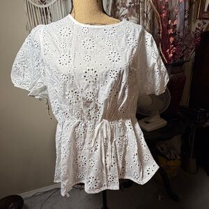 SHEIN White Floral Eyelet Blouse
